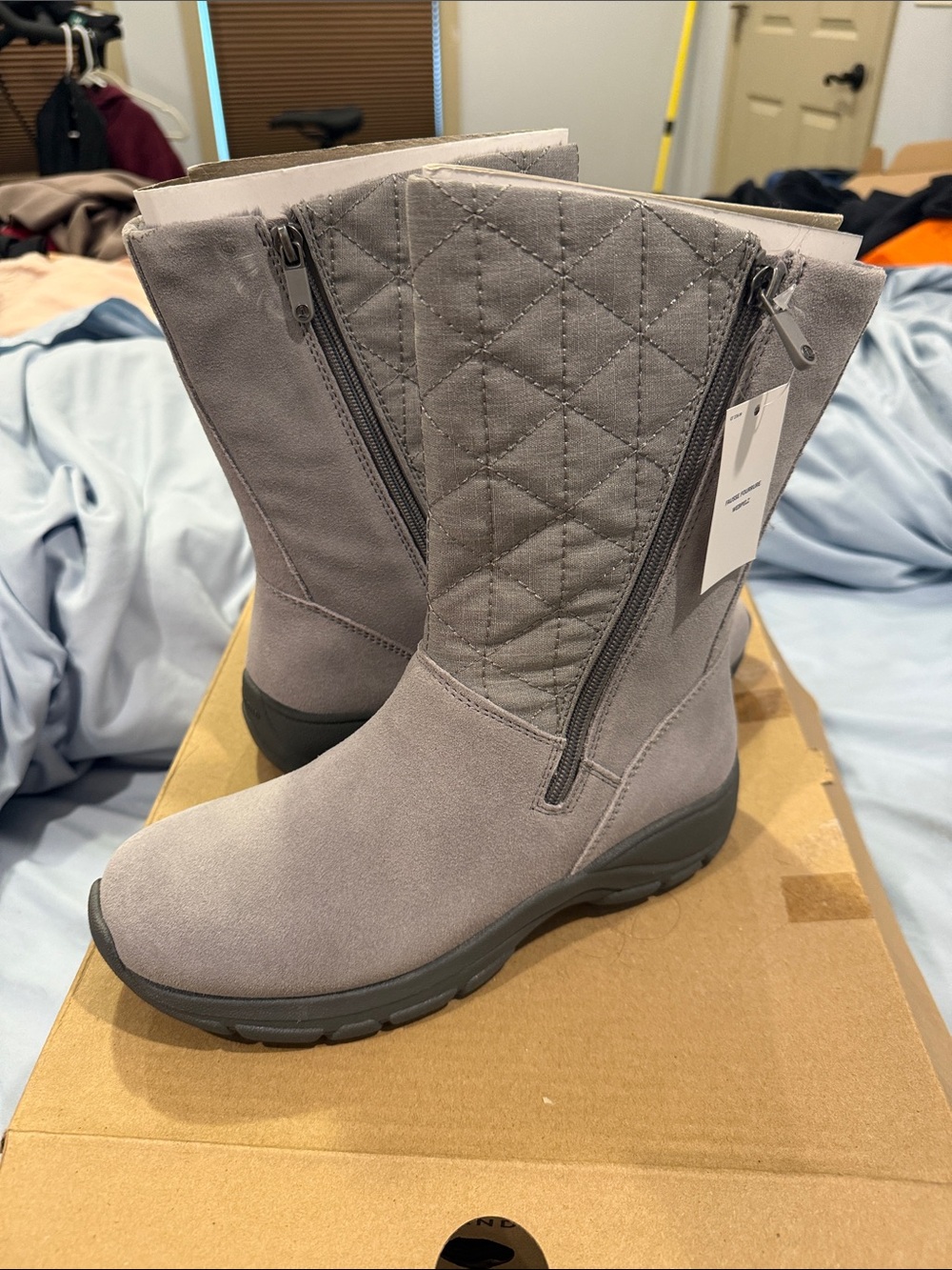 Lands' End Quilted Light Gray Mid-Calf Zip Winter Boots
